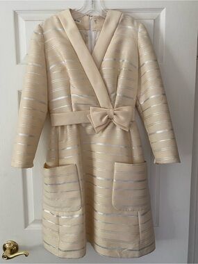 VTG 60s 70s Metallic Stripe Coat Dress Cream Silver Shawl Lapel Bow Belt ILGWU